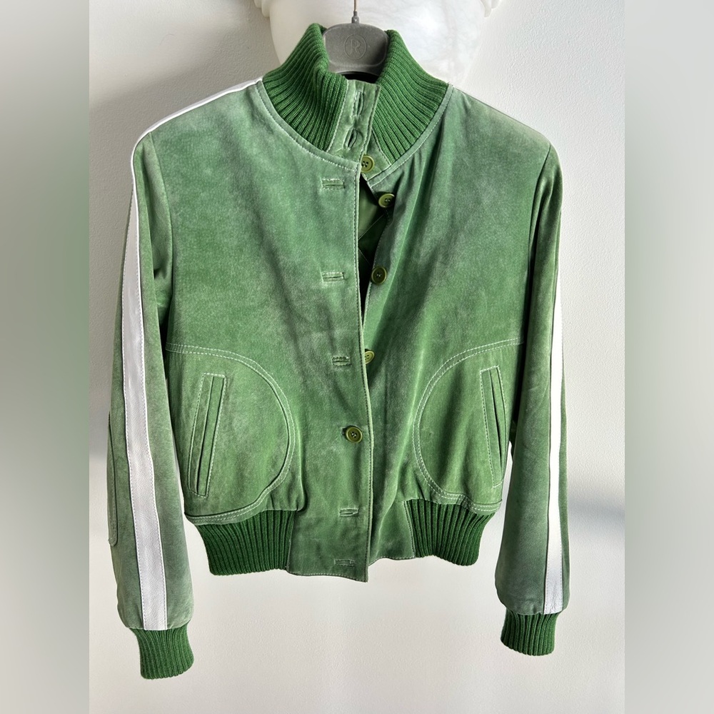 Sorbe Green Suede Bomber Jacket with White Stripes